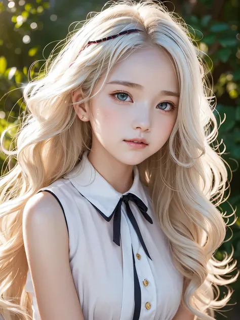 One Girl, ((((Female junior high school student)))), Lustful Girl , (((Platinum blond wavy hair with fluffy volume))), Thready hair, Expressive Hair , Beautiful white skin, Clear skin that seems to let blood vessels through , ((Very beautiful skin)), Wid...