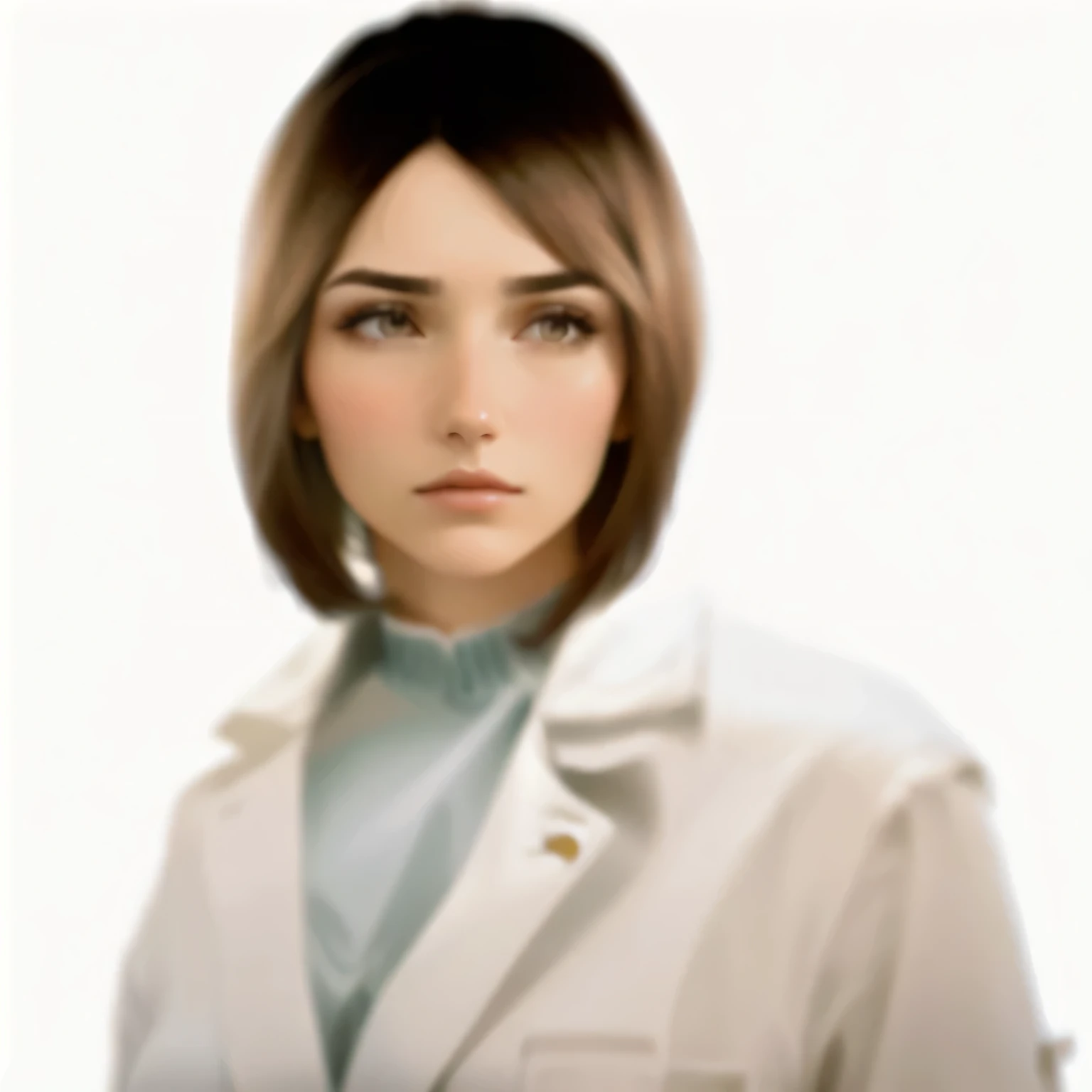 a close up of a brunette woman in a white lab coat a blouse, tired expression, early 20s profile picture 1024px