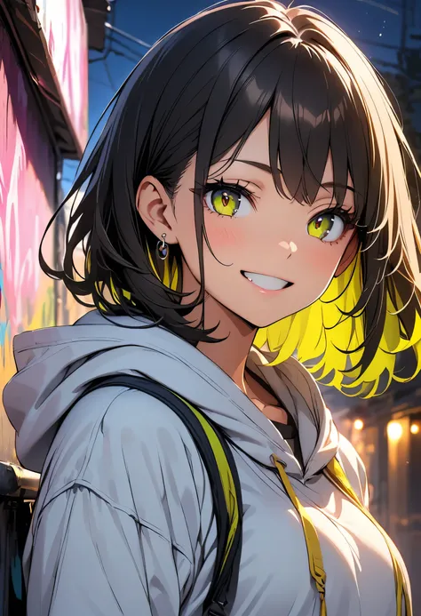 detailed background, masterpiece, highest quality, smile, ornament, hoodie, portrait, yellow neon, graffiti, dark, night, shining eyes, Black light