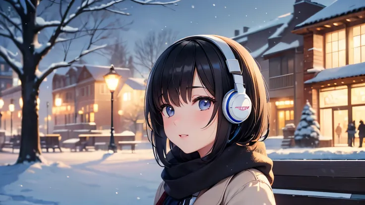 A cute high school girl with short black hair sitting on a bench in a winter park, listening to music with headphones, detailed portrait, beautiful detailed eyes, beautiful detailed lips, extremely detailed face, longeyelashes, winter park, snow, bench, he...