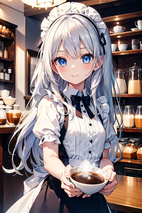  High Resolution 、8k、Young、girl、Small breasts、Crystal-like hair、Silver Hair、Long Hair、Beautiful white skin、Beautiful blue eyes、smile、Coffee shop maid、Coffee maker