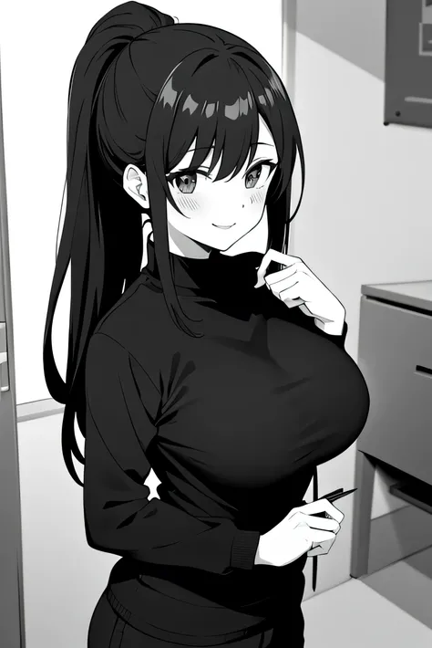 score_9, score_8_up, score_7_up, yxngh, hand drawing, grayscale anime illustration, detailed manga style art, soft shading, 1 girl, alone, black hair, black eyes, parted bangs, long hair, ponytail hairstyle, big breasts, black sweater, school uniform, blac...