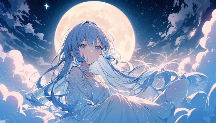 full moon,A beautiful star , beautiful night sky,Above the Clouds, the girl floating in the night sky , the girl is in the center of the screen ,Red cheeks,Expressionless girl, Im talking a little bit,Long Hair,Navy Blue Hair,High Quality Backgrounds,whole...