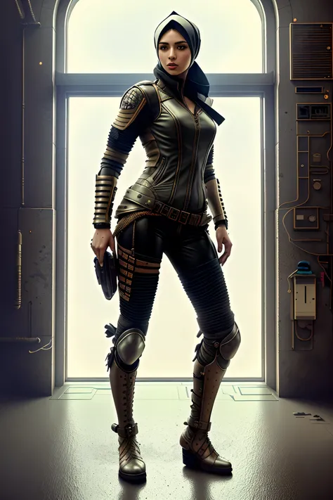 Full body from head to toe, (8k:1.27), Better quality, masterpiece, ultra highres:1.2) Foto de Persian woman (beautiful:1.1) (post apocalyptic warrior woman:1.1) wearing hijab, apocalyptic soldier, (leather jacket:1.21) intricate elegant, Fantasy, detailed...