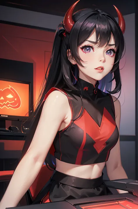 ((best quality)), ((masterpiece)), (detailed), (4k), (8K), 1girl, Cute anime girl ,   , glowing face and skin, detailed face, aesthetic hands, Yellow pupils with red edges,  big, aesthetic eyes , (( long black hair )). make-up. Smiling. (((Red sleeveless c...