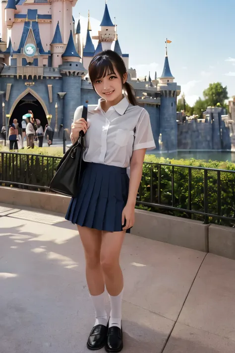 1japanese girl, white short sleeve collared shirt, white folded socks, pleated skirt, black loafers, lower ponytail, bangs, school bag, standing, in disneyland, castle, smile, BREAK, (full body shot:1.5), BREAK, (masterpiece, best quality:1.4), (8k, raw ph...