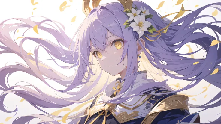 Light purple hair、Yellow Eyes、Long Hair、Data、Hair accessories、White background、Yellow petals、Particles of light、White background