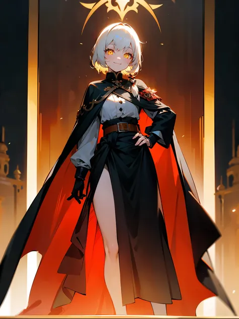 1female , Shaggy Pale Blonde Hair , Medium Length, White Hair , Glowing Yellow Eyes ,Black and Red Longsleeve imperial shirt,  Black and Red Imperial Clothing , Black Skirt , Brown Belt angled around waist , Smiling Expression , Black Cape , Standing infro...