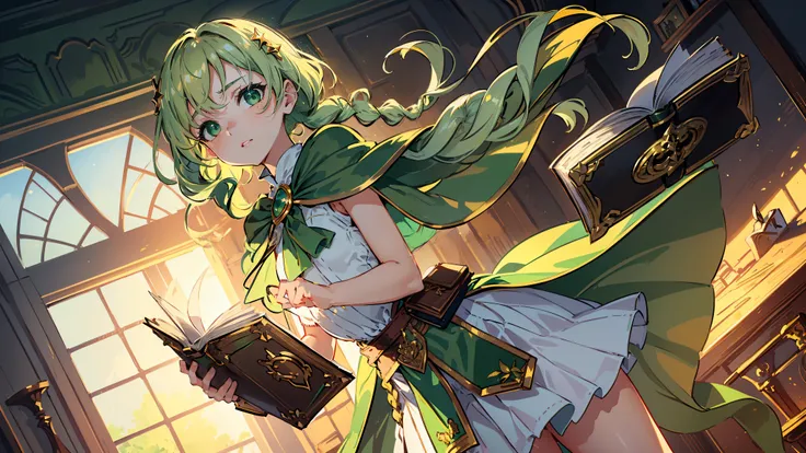 masterpiece, ultra detailed, 8k portrait, RAW photo, portrait photography, highly detailed face, beautiful and meticulous eyes, ((Fantasy)), Young beautiful, girl, (((drooping eyes))), dynamic pose, (((short wavy light green hair))), ((braided twin tail)),...