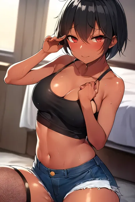 2D, wonderful, (masterpiece), (full length),(One Girl:1.6), (Thick black hair:1.6), ( boyish shortcut :1.6), (Shiny, glossy hair), (Healthy dark skin:1.6), (Sunburn), clavicle, (Denim hot pants:1.3), (Tank tops), (Fishnet stockings),( garter belt on the ba...