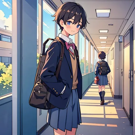 A male high school student who brought a school uniform、Im looking back and watching、Blushing、School corridor