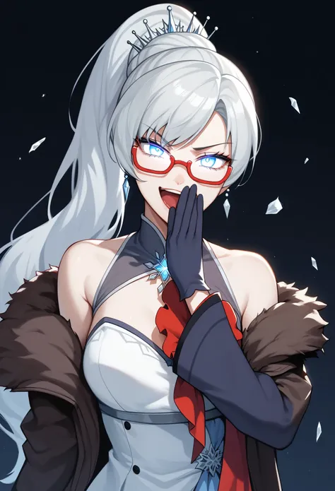 score_9, score_8_up, score_7_up, rating_explicit, 1girl, solo, Weiss schnee, silver hair, glass shards, reflection, broken glass,hair ornament,glowing eyes,red eyewear,glasses,red headband,dark background,outline,gloves,posing,(smug:1.1),glowing eyes,looki...