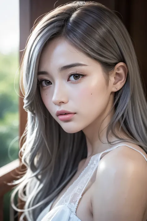 masterpiece, 8k, award-winning photo , photoRealistic, Realistic, 非常に details, super high definition, Ray Trakun, ///1 person, The most beautiful, 20 years old , (sexy, Has a Protruding Tongue ), (Gray Hair:1.2),///Human details Shiny skin , detailsな肌 ...