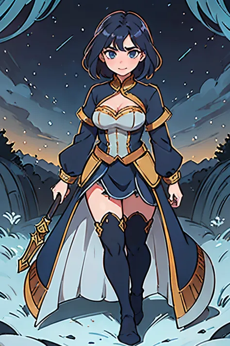 adult girl, confused expression and a subtle smile, short and wavy at the end dark blue hair with subtle turquoise fade, blueish eyes, wearing an elegant dark blue and golden medieval outfit with adornments and details at the chest region, wielding a magic...