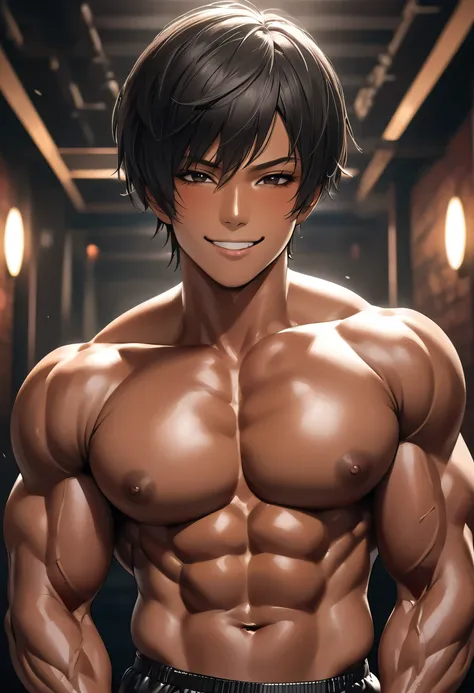 high quality, detailed, Realistic,(solo tanned japanese bodybuilder rapist boy:1.2),(detailed black eyes), (black short hair), (muscle), (tanned dark brown skin),(black tiny thong), (bulge), (detailed nipples), detailed areola,best quality,looking at viewe...