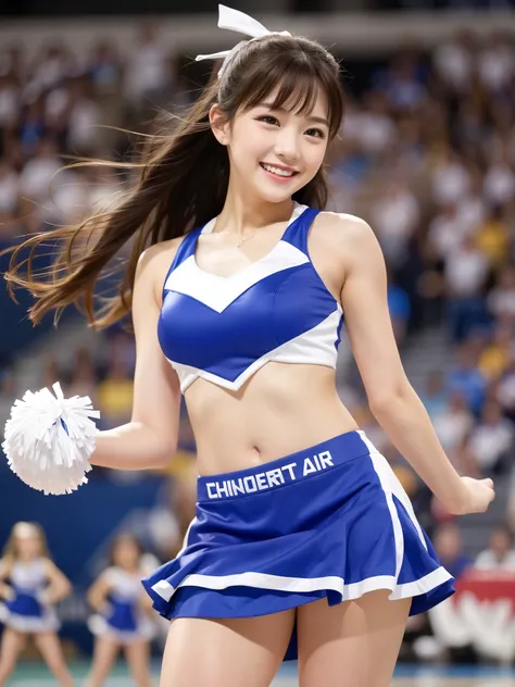 Best Quality　masterpiece　 details　A super beautiful woman is smiling and dancing as a cheerleader　Photo style　 fantasy