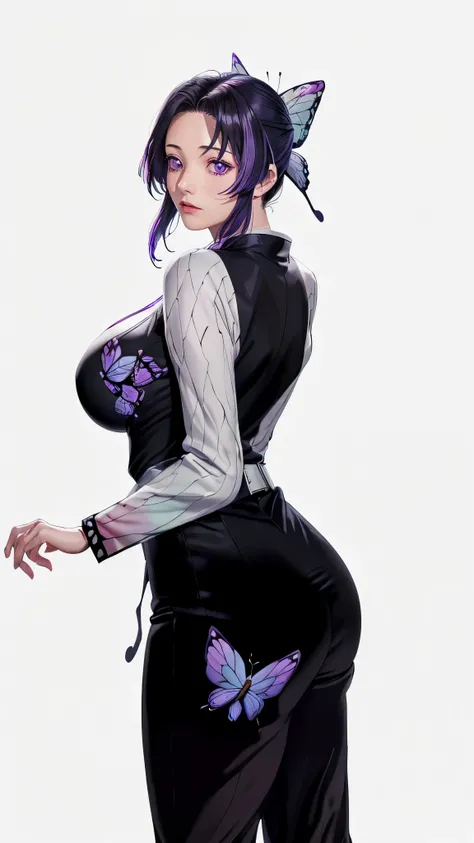 (((figure,御姐figure,White and tender skin,((haori, wide sleeves, long sleeves, black pants, black jacket, belt,))),(((kochou shinobu, butterfly hair ornament, purple eyes, multicolored hair, short hair, parted bangs, ))),,((masterpiece)),highres,((Best qual...