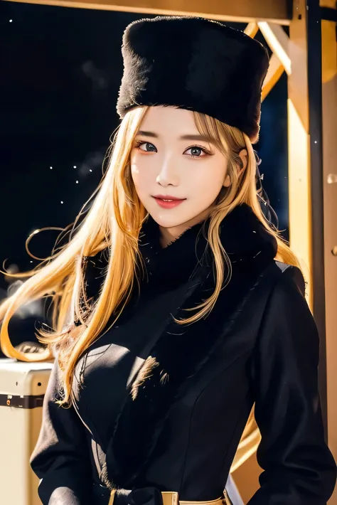 Previous phone number, Long Hair, Blonde, fur trim,  Black Headwear , Fur Hat, dress,( cowboy shot:1.1), Yellow Eyes, (luggage:1.1), steam (station:1.1),stationのプラットフォーム, night, galaxy,999 best quality, Advanced Details, masterpiece, Absurd,8k, (Detailed e...