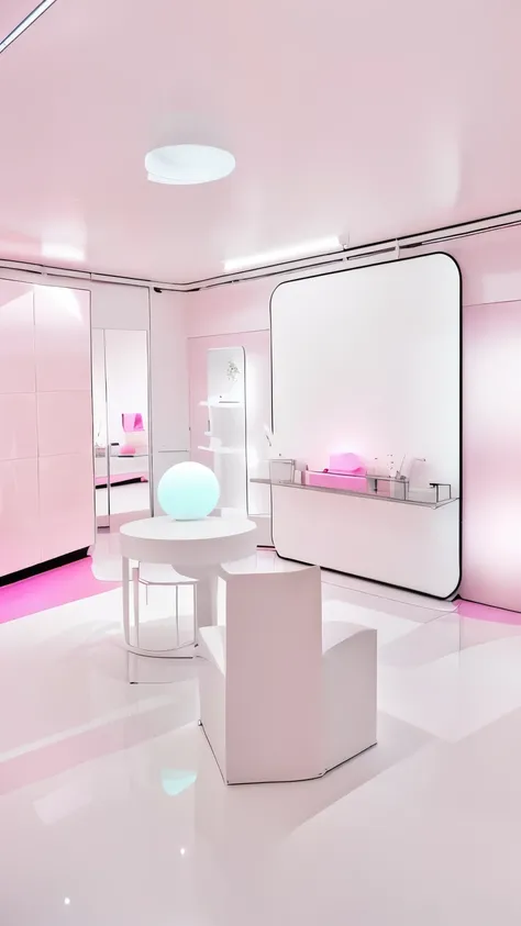 there is a white room with a table and chairs in it, brightly lit pink room, karim rashid, aesthetics, beautiful aesthetic, dezeen showroom, beautiful aesthetic design, eora, retaildesignblog, exhibition, showcase, show room scene, very aesthetic!!!!!!, vi...