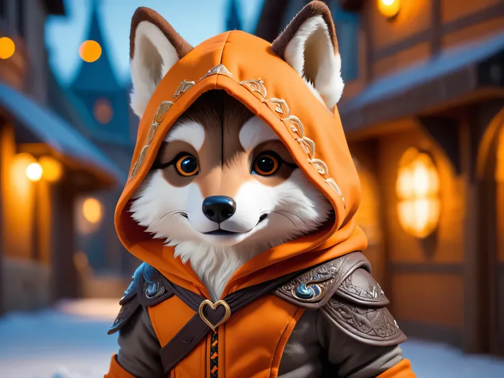 Un wolfy assassin creed, portant une tenue en coton moelleux orange, debout, mignon wolfy design and hood, wolfy sur un fond avec bokeh à thème disney, 1 wolfy, très détaillé, 8K, photorealistic, Éclairage réaliste, Couleurs vibrantes, mise au point douce,...