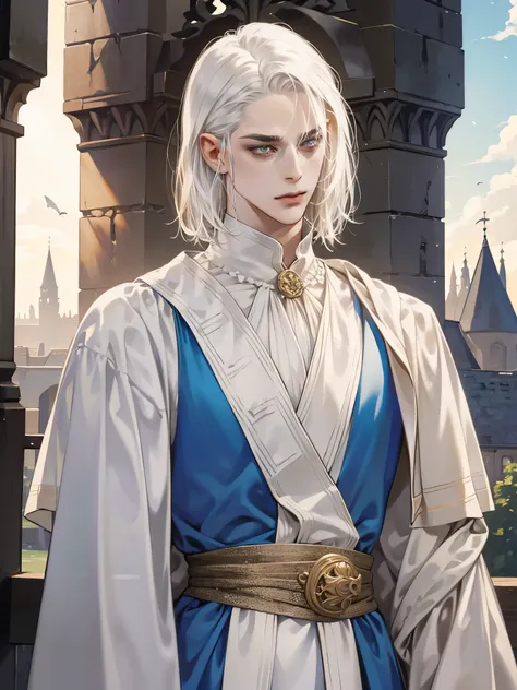 Middle Ages, man, middle age, (One, lonely), Castlevania Lord красивый, thin,  beautiful robe ,  white cloth clothes ,  pendant hanging around my neck ,  dynamic pose , super  Detailed face , medium hair, white hair,  sharp facial features , adult, Beautif...