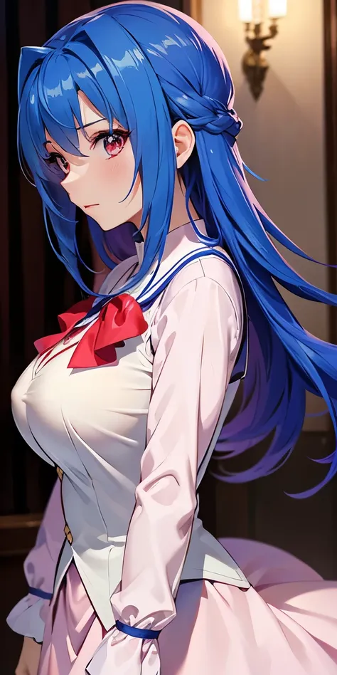 1 Female,High definition,high resolution,Ultra-realistic,8K, kr1, multicolored hair, dyed bangs, long sleeves, bow, pink dress, white vest, white skirt,European,sexy,Upper body close-up,Photographed from the front,Dynamic Angles,private teacher,blush, big ...