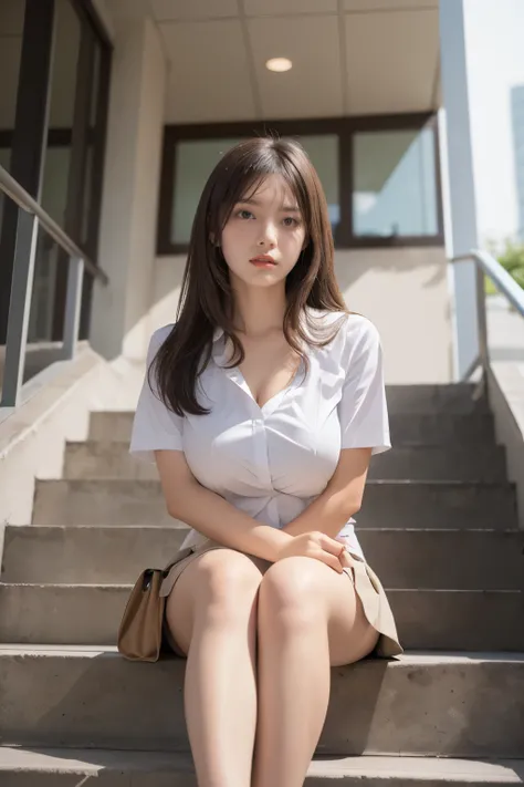 heavy rain, soaked, long hair, looking at viewer, smile, bangs, skirt, brown hair, shirt, short sleeves, brown eyes,  bob hair, Sitting in Stairway of office Building, white browce, pleated micro skirt, Natural hand , school bag,  (From below:1.2), (Plump ...