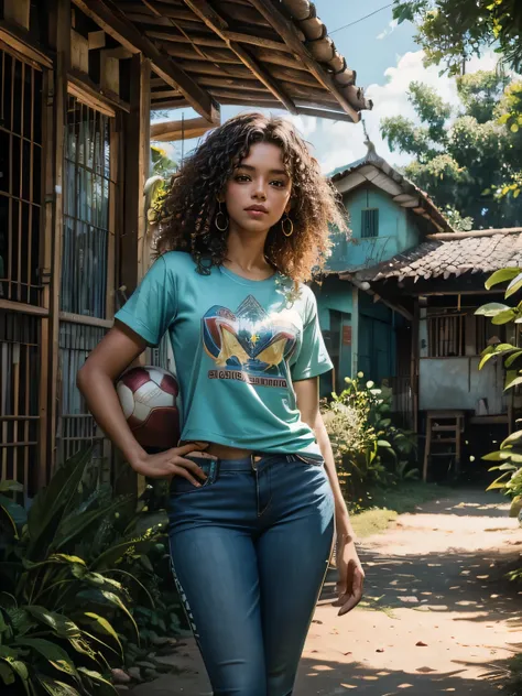 a beautiful Brazilian woman in a football t-shirt, curly hair, standing in a village in Brazil, garden, nature, trees, blue sky, small house, photorealistic, 8k, masterpiece, highly detailed, vibrant colors, cinematic lighting