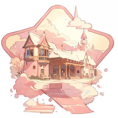 帶pink color絲帶和pink color蝴蝶結的城堡的卡通插圖,  magic castle school on the hill , ( the castle is in the background ),  round house and cu...