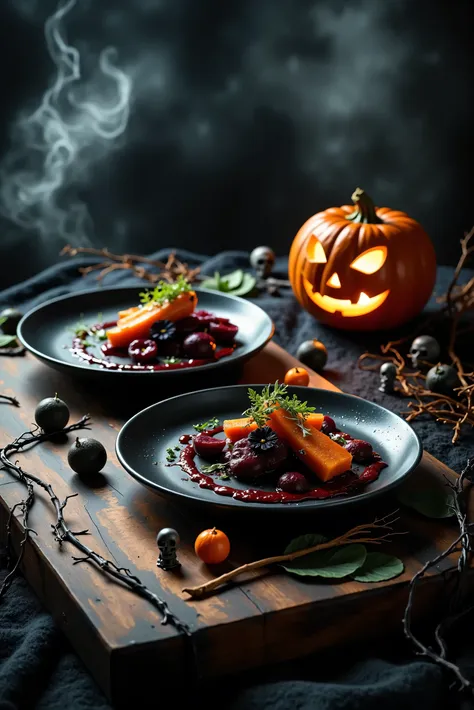 a hyper-realistic, close-up photograph of a cinematic halloween-themed gourmet collection, captured with a 50mm prime lens. the ...