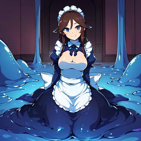 ((((masterpiece,best quality,ultra-delicate,Perfect Face,detailed eyes,16k,high resolution,very beautiful girl)))),((blue slime body ,melting legs,Best Anime)),sharpnes,clear,The Art of Phenomenal Depictions,brown long hair,(1 girl),large breasts,(Maid cos...