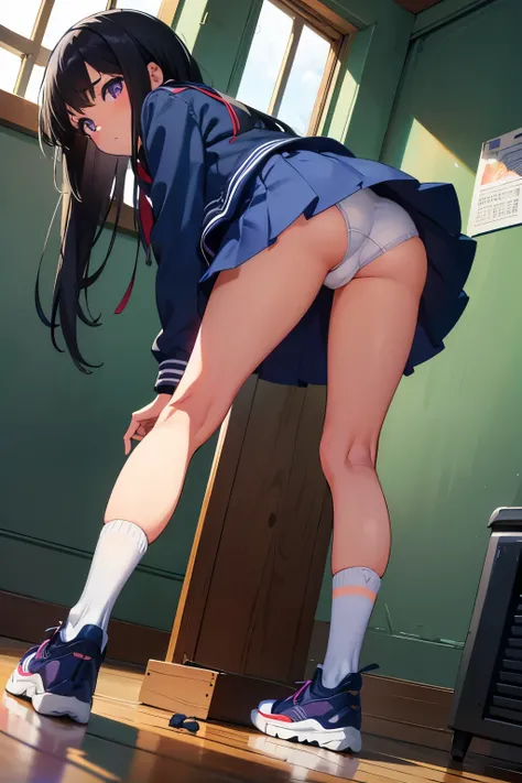 Elementary school student, , toddler, flat chest 　Thin limbs　Black hair, long hair, purple eyes　（（One person）） Upper body stadium jacket　Navy blue denim mini skirt　white s panties 　 High Socks 　Platform sneakers　Abandoned house　 standing　 Lower body center...