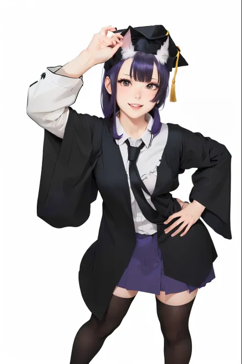 anime girl in a graduation gown and hat with a black cat ears, maya fey from ace attorney, anime moe artstyle, inspired by Okumura Masanobu, inspired by Unichi Hiratsuka, inspired by Okumura Togyu, hinata hyuga, wearing black and purple robes, wearing an a...