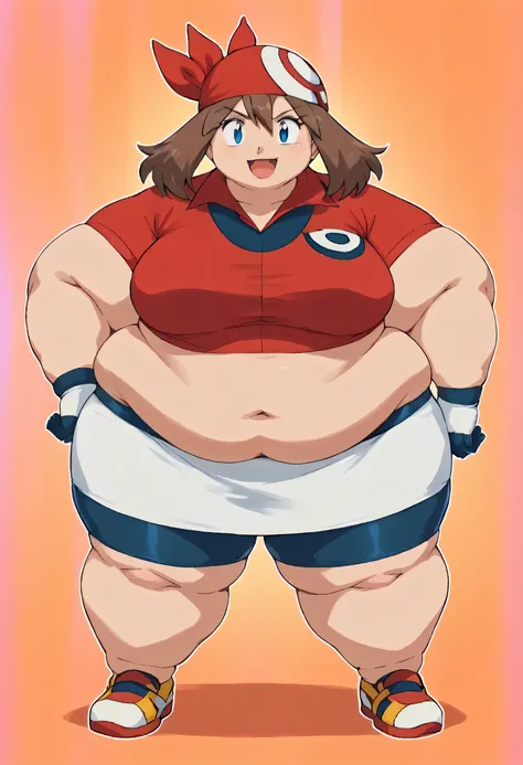 pokemonmay, blue eyes, brown hair, bandana, long hair, red bandana, twintails, hair between eyes,
bike shorts, collared shirt, gloves, microskirt, multicolored shirt, pencil skirt, red shirt, shirt, short sleeves, skirt, white skirt, fat, chubby, obese, gi...