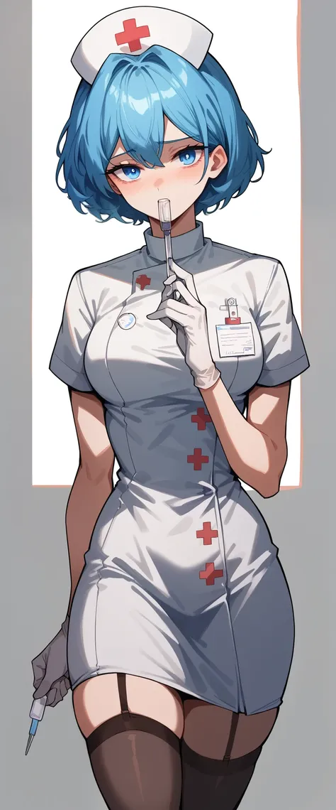 nurse, grinning, blue eyes, sideways, looking this way, calling, excellent character design, deformed style