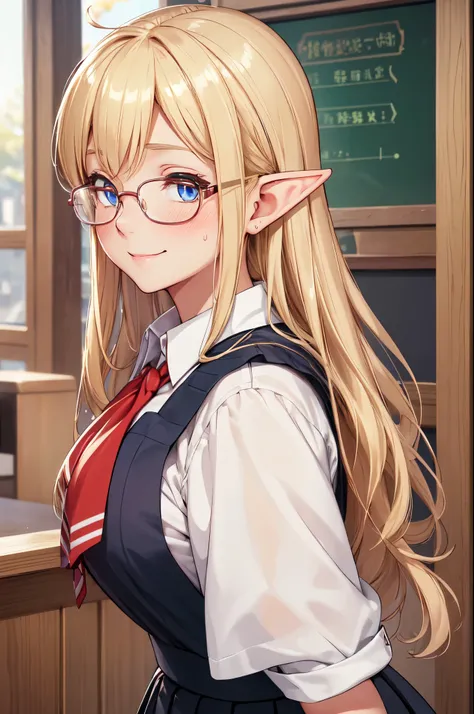 (High quality, High resolution, Fine details), School Uniform, blouse, pleated skirt, solo, curvy adult women, blonde hair, sparkling eyes, (Detailed eyes:1.2), Glasses, Elf Ears, smile, blush, Sweat, Oily skin, (Side View), Soft tones, shallow depth of fi...