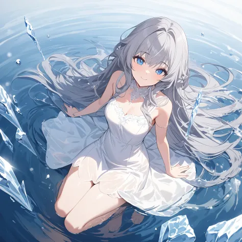 (Piece Fly), (best quality), Very detailed, 1 girl, Perfect face, (Personal full body photo:1.3), Very detailed顔，(Grey hair long hair:1.5)，(blue eyes:1.4)，(On the water:1.4)，（Ice flowers form under your feet：1.3），(White Dress:1.5)，Light，snow，Broken ice，Ice...