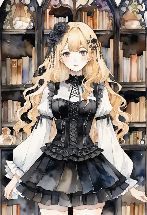 A captivating scene of a beautiful woman standing in front of an elaborate bookshelf, (((Watercolor))), ((( upper body))), (((gothic))),,she was adorned with hair accessories、,Wavy Blonde Hair..。 Ruffle Mini Skirt, sheの表情は自然だ, a calm look. she wore a dress...