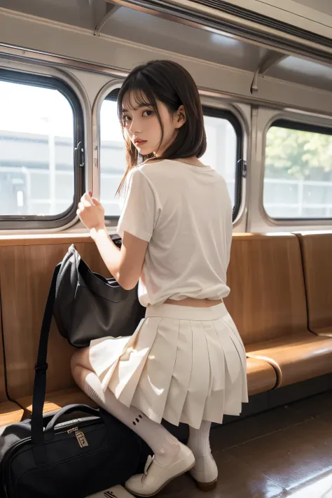 heavy rain, soaked, long hair, looking at viewer, smile, bangs, (Two girls in:1.2), brown hair, shirt, black hair, short sleeves, brown eyes,  bob hair, minimum white T-shirt, (White pleated skirt:1.2), open legs, Lofer shoes, (Black socks:1.2), striped,  ...