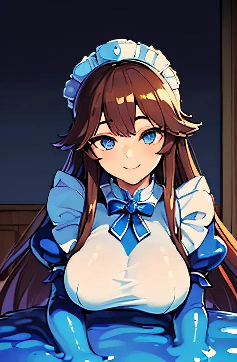 ((((masterpiece,best quality,ultra-delicate,Perfect Face,detailed eyes,16k,high resolution,very beautiful girl)))),((blue slime body ,melting legs,Best Anime)),sharpnes,clear,The Art of Phenomenal Depictions,brown long hair,(1 girl),large breasts,(Maid cos...