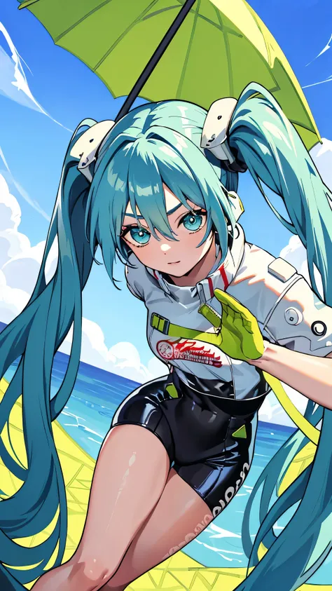 ( Best Quality ,  high res  , super detailed ,actual), Hatsune Miku, Big Boobs, Dynamic poses , Dark green hair, (Twin ponytails) , 很Long头发, Blue Eyes, bright eyes, Relaxed face,  hairs on eyebrows , Shiny Hair, shiny skin ,  faint smile , Hatsune of racin...