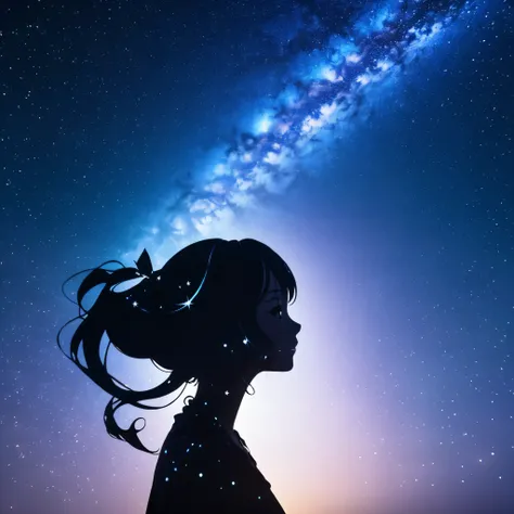  mate piece, silhouette, Milky Way, Orihimes, close-up, profile, monotony, moon, double exposure, Milky Way, Tanabata decoration, depth of field, (holographic glow effect), from below, low angle shot, masterpiece,