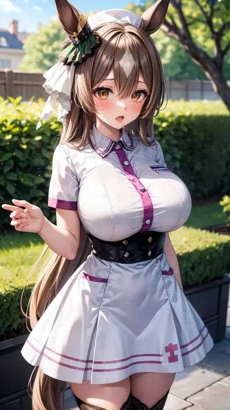 best quality,4k,8k,1girl,((big breasts:1.3)),orgasm,blush,sweat,aasato, long hair, half updo, braid, hair between eyes, animal ears, ear ornament, horse tail,nurse, nurse cap, breast pocket, collared dress, short dress, short sleeves, thighs, white dress, ...