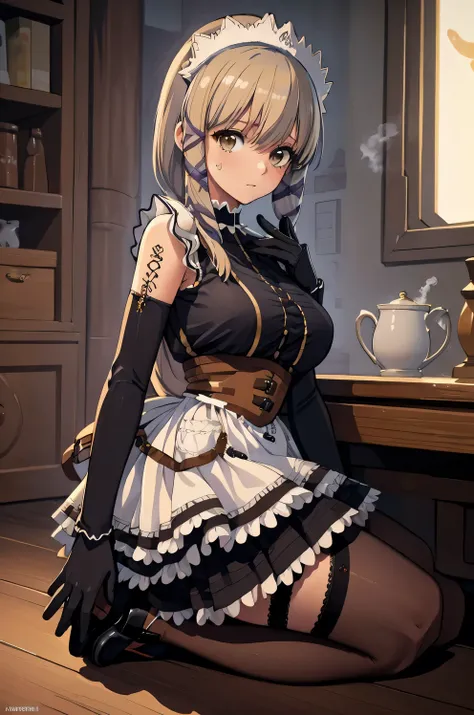 (masterpiece, best quality), 1girl, Ash Blonde Curly Bob with Side Part, Sizes M to Z breasts,   maid headdress, maid outfit, black gloves, black thighhighs, high heels....no bad face, no bad limbs