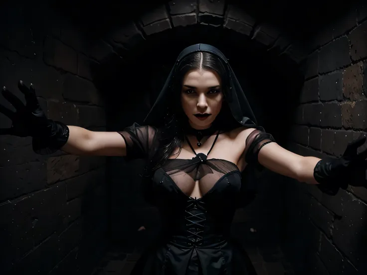 In a gothic chamber during a thunderstorm at night, a beautiful lady vampire makes love to a beautiful ecstatic eyes closed Nun in a gossamer habit , black gloves, masturbating, squirting on teh floor, .Use me darling. fuck me, i want to feel your hand ins...