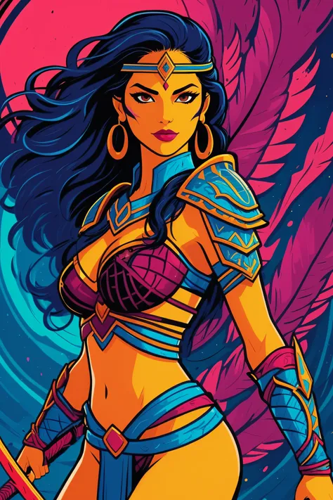 Gorgeous Amazon woman warrior, digital artwork, bold lines, vibrant, saturated colors 