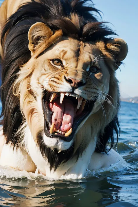  I want an image of a big lion , aggressive, with a bad face, mordiendo y despedazando a un barco lleno de piratas aggressives, I want the bottomless image 