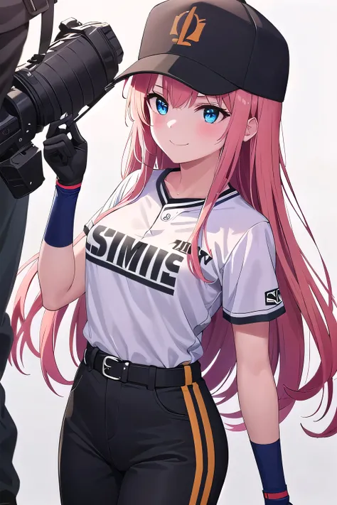 1girl,Samus aran,solo,blue eyes, pink hair, forehead hair, Black and orange baseball shirt with team logo, white baseball pants, black baseball cap with orange logo, black belt, white socks, black cleats, classic and stylish look,cowboy shot,blush,,Science...