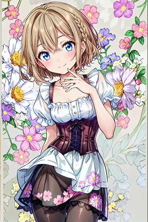 girl,( light brown hair),(short hair),( braid:1.2),((corset)),(pantyhose),big smile,cute, face close-up ,(floral background:1.3)...