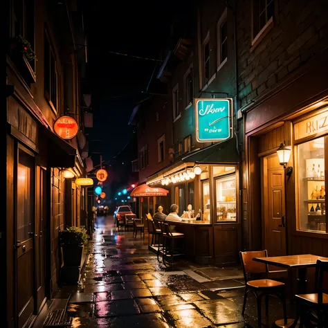 A cozy jazz bar on a narrow European street on a rainy night. The bar is warmly lit by a neon sign. The interior is dimly lit, soft light reflecting off the glasses hanging on the counter. Outside there are a few small round tables and chairs and a light r...